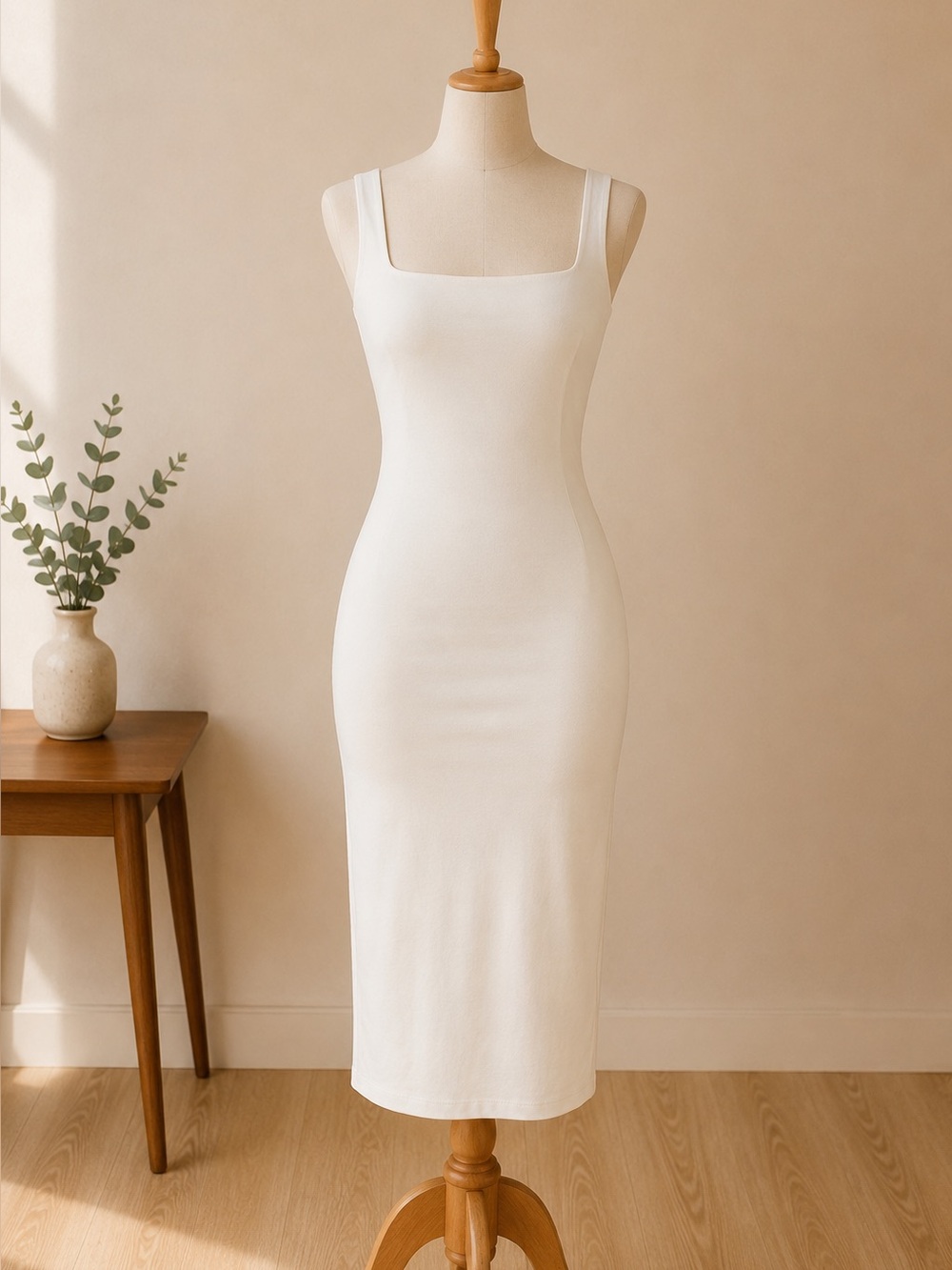 NWT Oh Polly Square Neck Bodycon Midi Dress White TENCEL Modal, Size US 8
